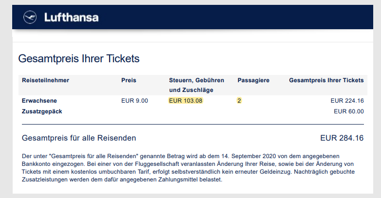 Example of Lufthansa booking confirmation indicating the subtotal of taxes and fees you can reclaim when you cancel a Lufthansa flight