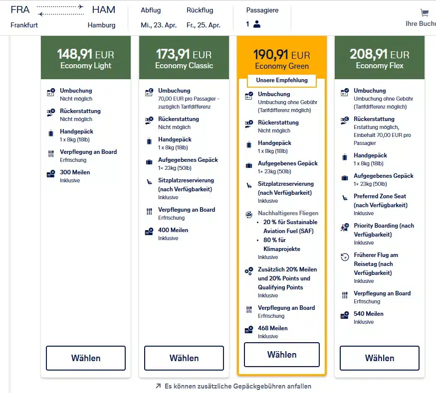 Lufthansa refund fees booking screen