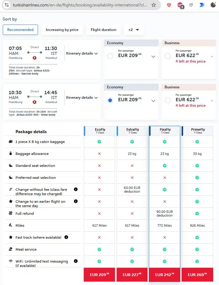 Auswahl von Turkish Airlines Tarifen auf internationalen Mittelstreckenflügen