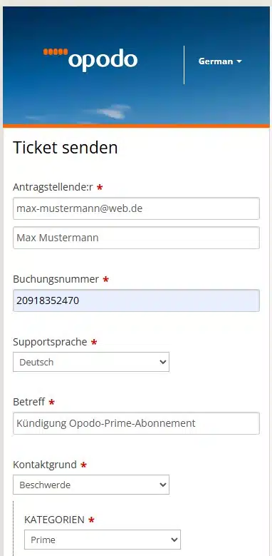 Screenshot Kontaktformular zur Kuendigung von Opodo Prime - Ausfuellhilfe Teil 1