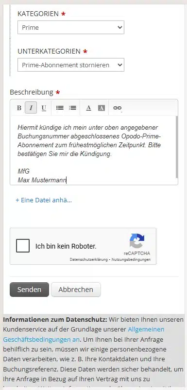 Screenshot Kontaktformular zur Kuendigung von Opodo Prime - Ausfuellhilfe Teil 2