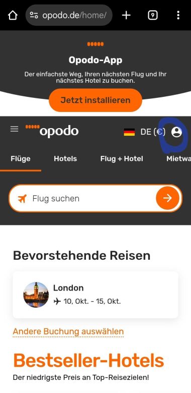 Screenshot der Webseite opodo.de mit Kennzeichnung des Profil-Icons im Menüband
