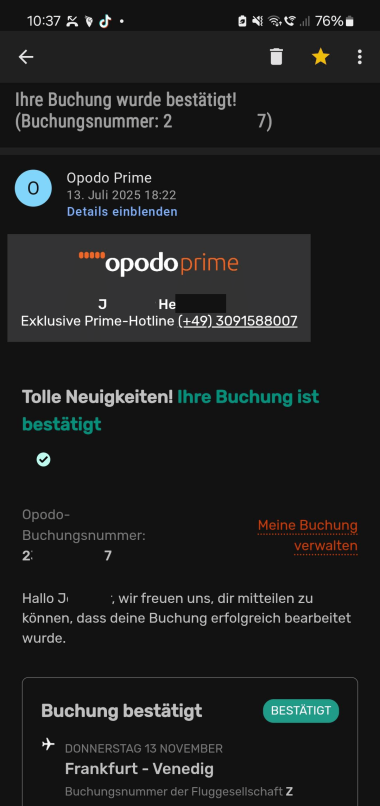 Screenshot einer Buchungsbestätigung einer Bestellung einer Reise mit Opodo Prime
