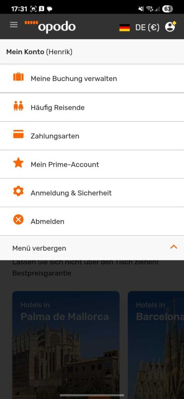Screenshot Weg im Nutzerkonto zur Kuendigung von Opodo Prime - Teil 2