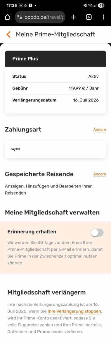 Screenshot Weg im Nutzerkonto zur Kuendigung von Opodo Prime - Teil 4