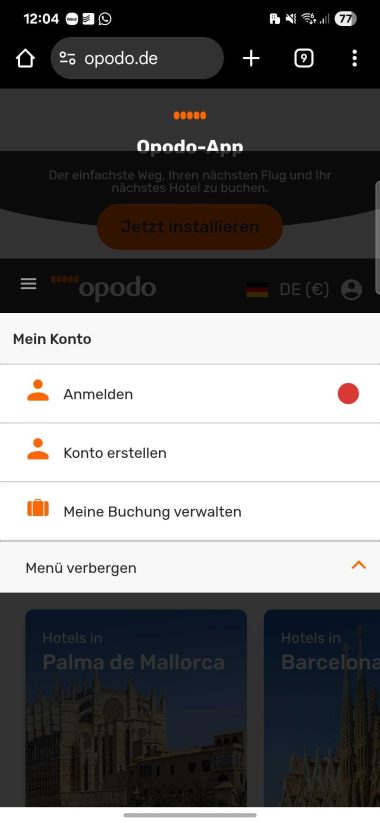 Screenshot des Auswahldialogs auf opodo.de unter Darstellung der Schaltfläche zum Verwalten der Buchung