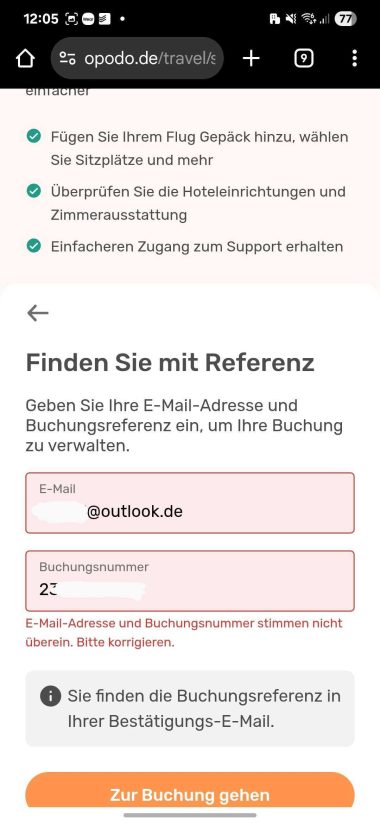 Screenshot des Login-Feldes zum Aufruf einer Buchung auf opodo.de nach Klick auf Finden mit Referenz