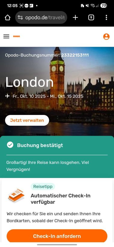 Screenshot aus dem Bereich zur Darstellung einer Buchung auf opodo.de
