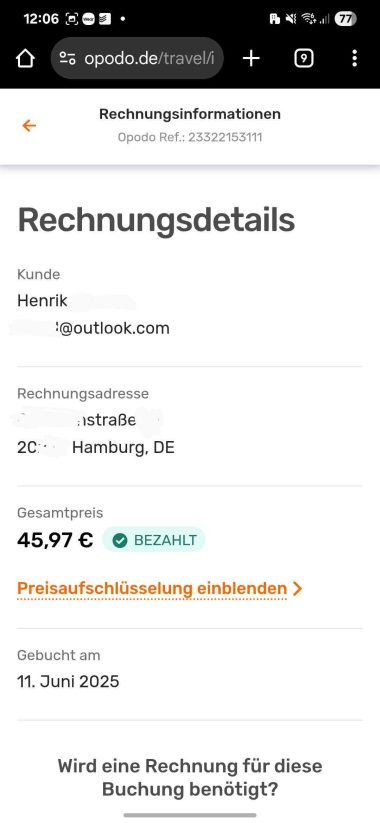 Screenshot mit Darstellung der Rechnungsdetails für die Opodo Prime Buchung in der Buchungsverwaltung auf opodo.de
