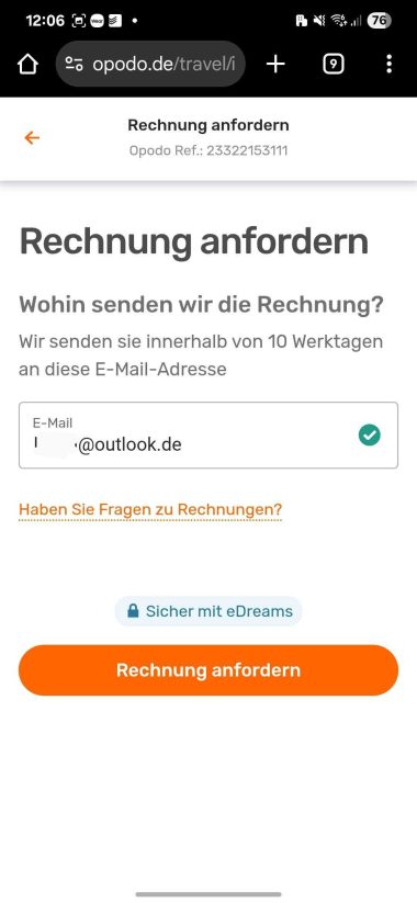 Screenshot des Dialogs zum Anfordern einer Rechnung in der Buchungsverwaltung auf opodo.de